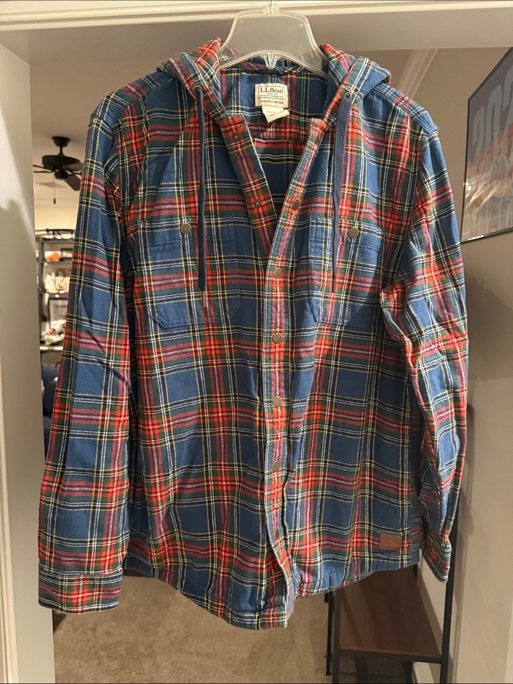 L.L. Bean Blue and Red Plaid Hooded Button-Down Shirt